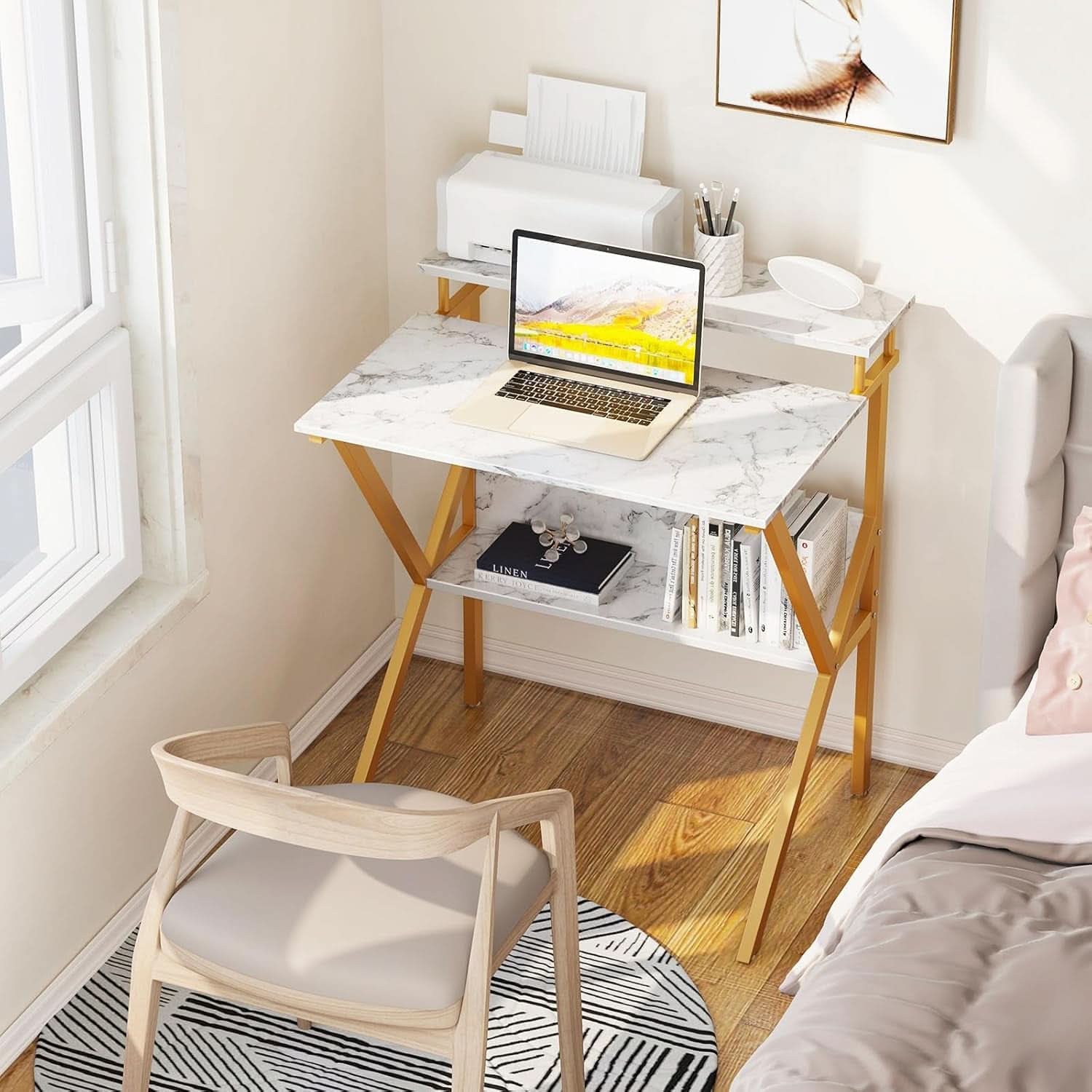 Compact 27.5-inch white marble computer desk featuring elegant gold legs and an ergonomic monitor stand — view 2