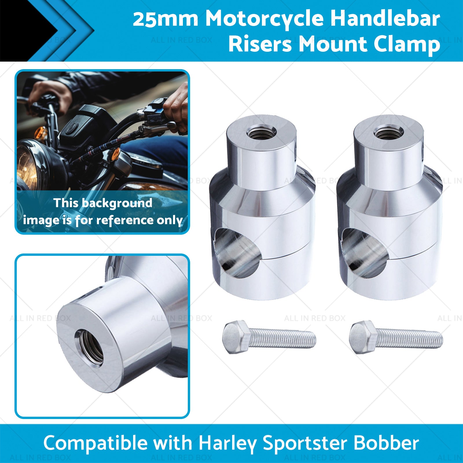 Chrome one inch motorcycle handlebar risers and mounting screws for Harley Sportster custom upgrade. — view 4