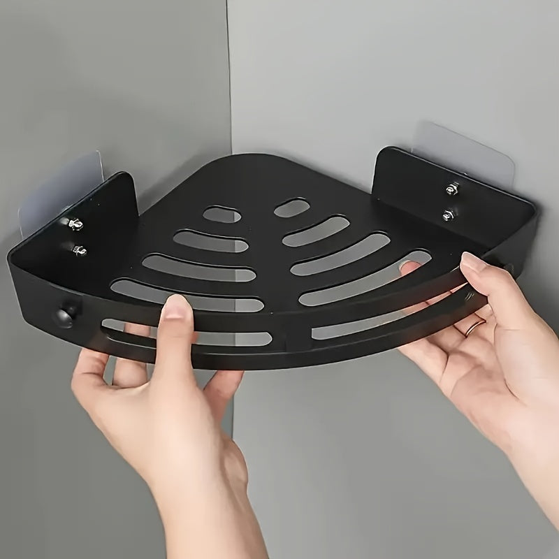 Black plastic no-drill corner shower caddy with adhesive wall mount for bathroom storage organization — view 3