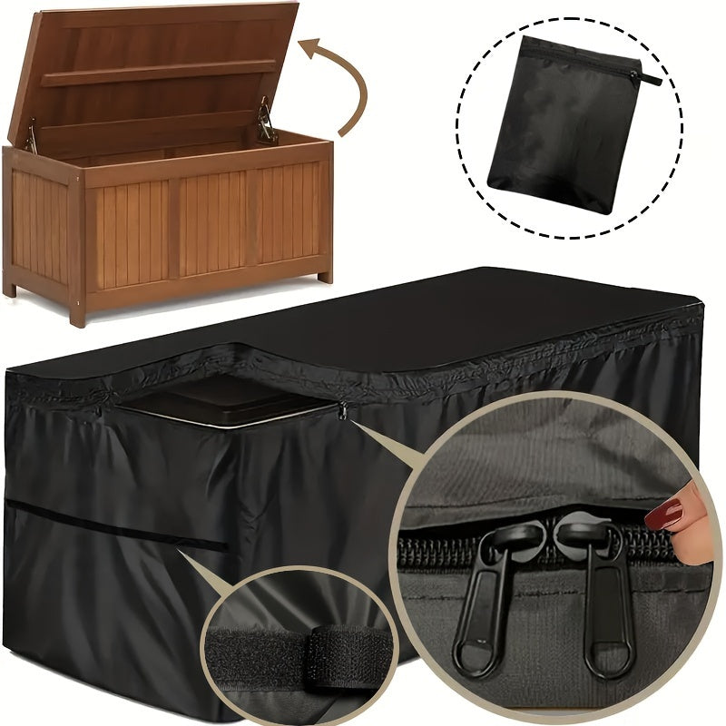 Black deck box cover made of waterproof 210D fabric protecting a rectangular outdoor patio storage unit — view 2