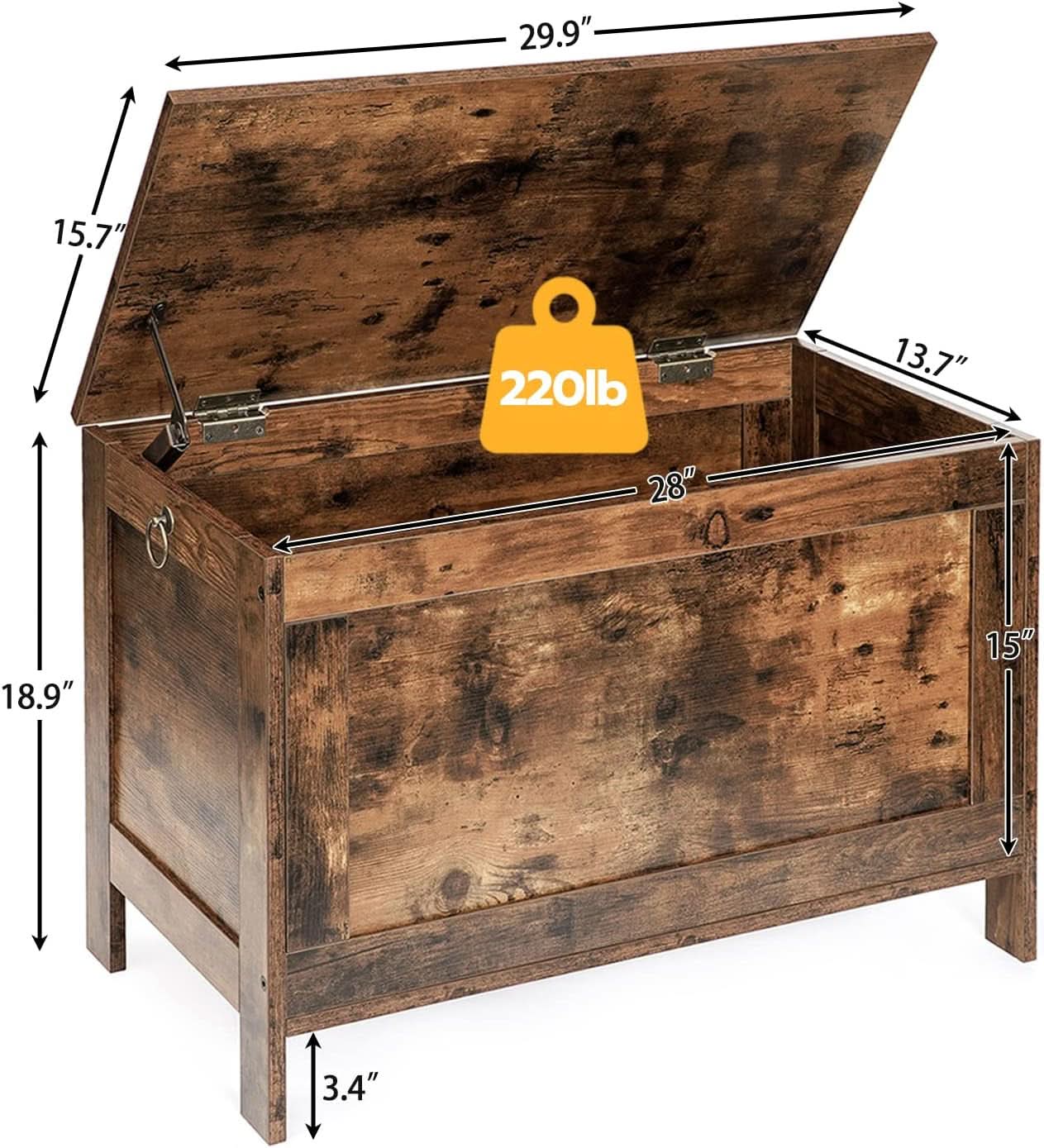 Rustic brown wooden storage bench and toy box featuring safety hinges and decorative side rings. — view 3