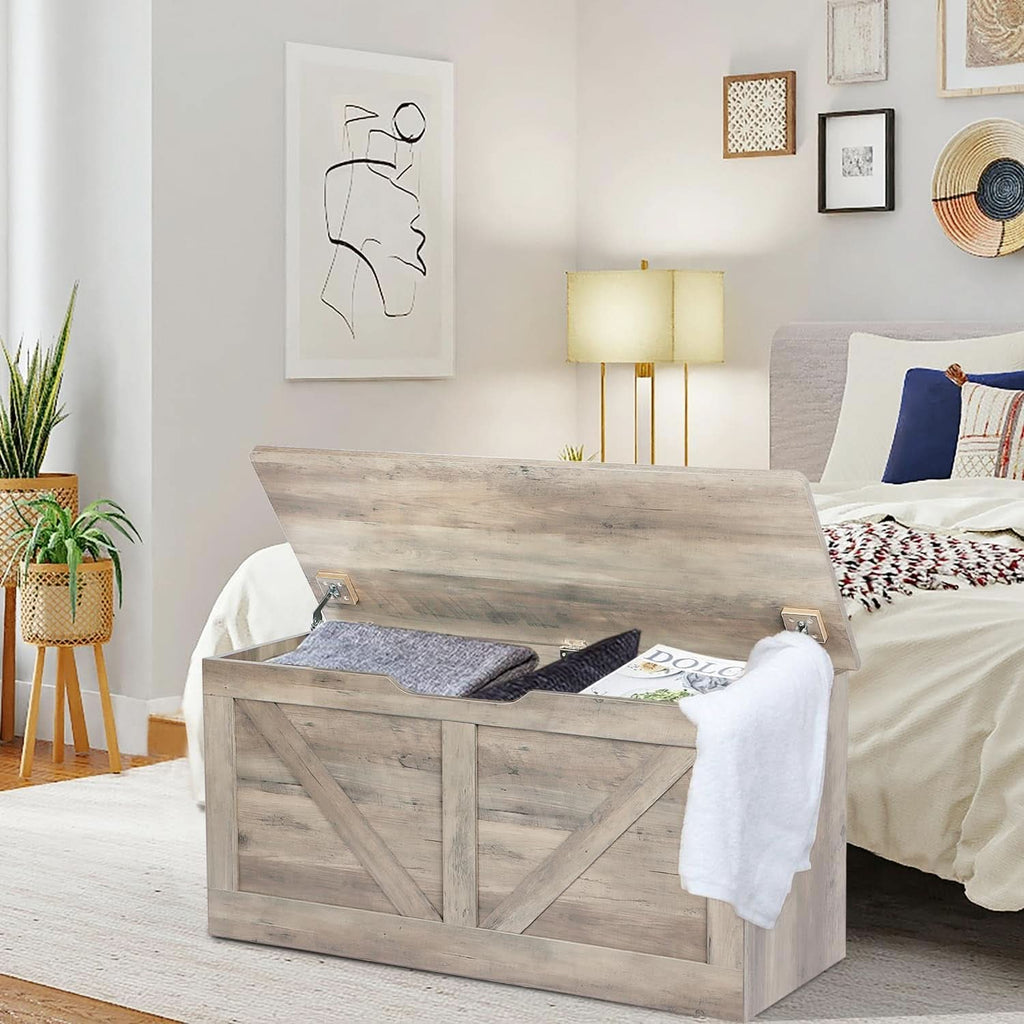 Grey wooden entryway storage bench with open lid revealing large interior compartment — view 2