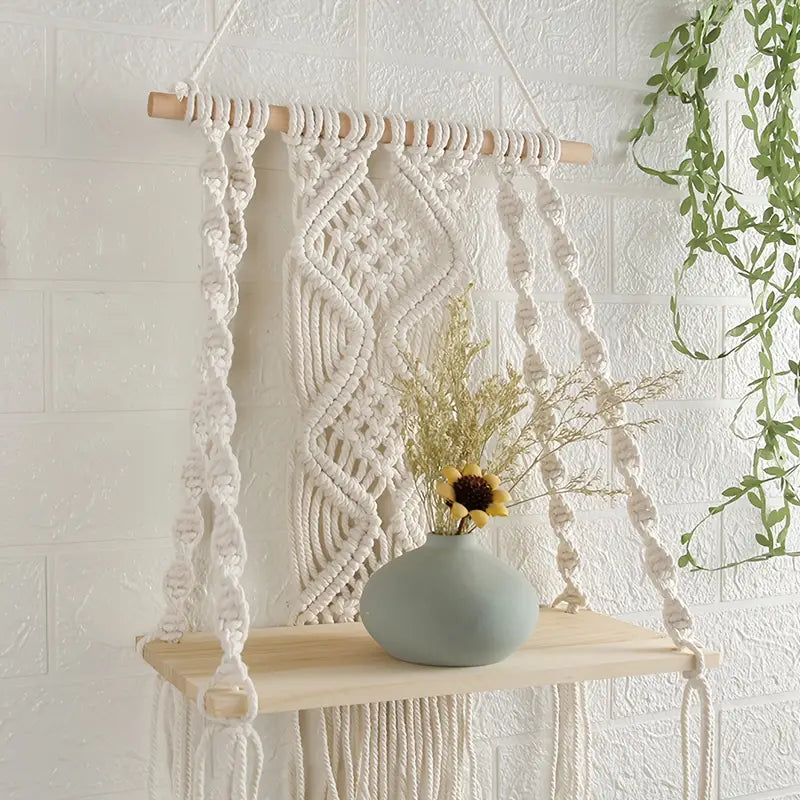 Handcrafted solid wood and woven cotton bohemian floating wall shelf with mounting hardware — view 2