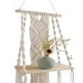 Handcrafted solid wood and woven cotton bohemian floating wall shelf with mounting hardware