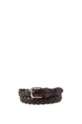 Men's brown woven genuine leather belt featuring a classic square buckle and signature logo loop.