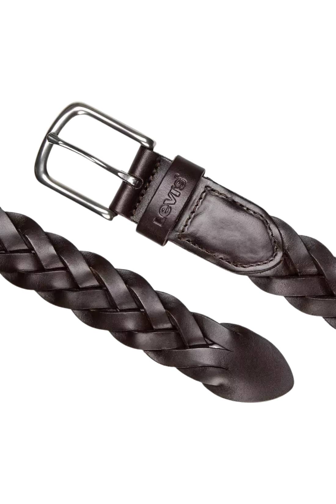 Men's brown woven genuine leather belt featuring a classic square buckle and signature logo loop. — view 6