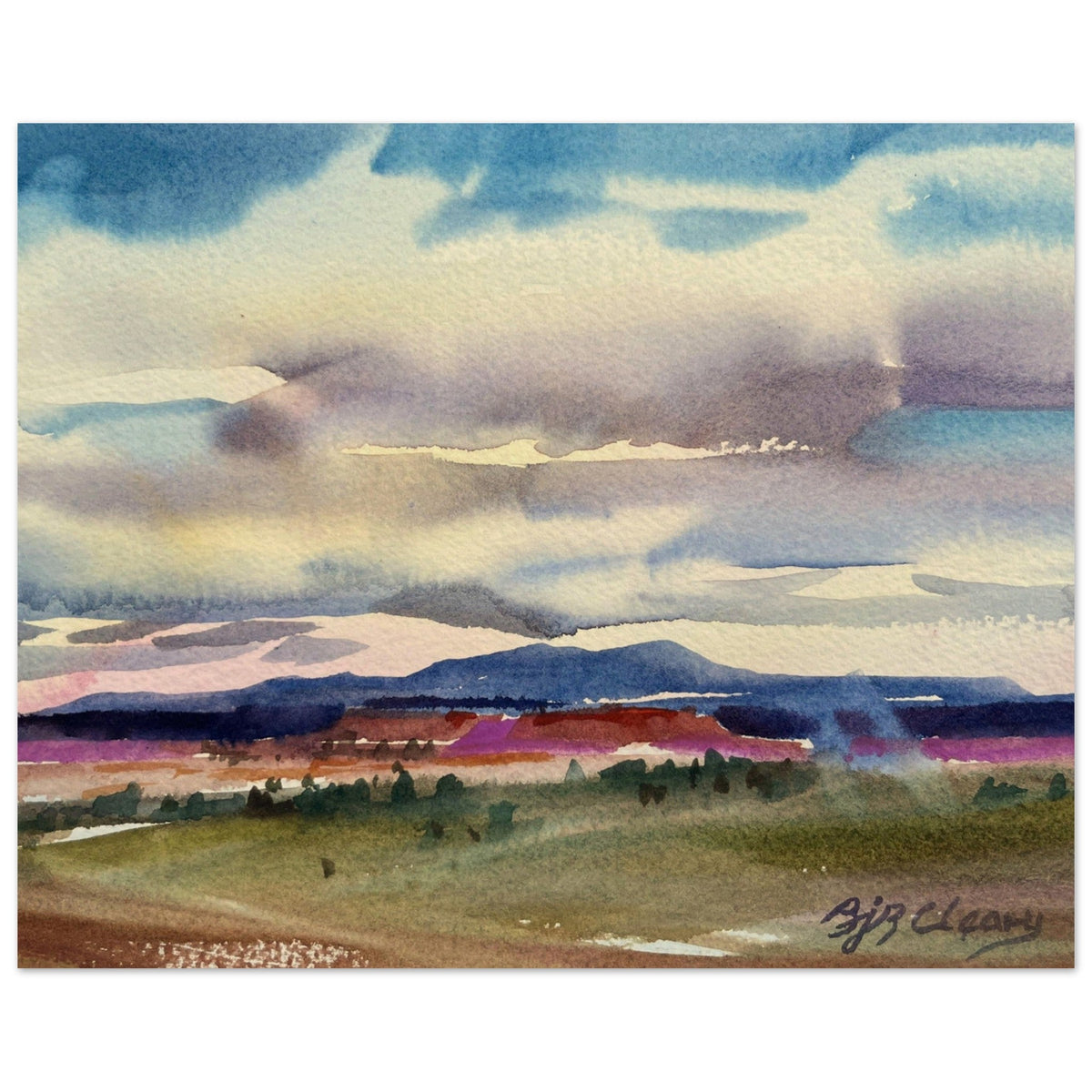 ‘Tranquil Mountain View 1’ Landscape Watercolor I 16x20 Museum-Quality Matte Paper Poster | Original Artwork by American Artist Barbara Cleary I F96-1