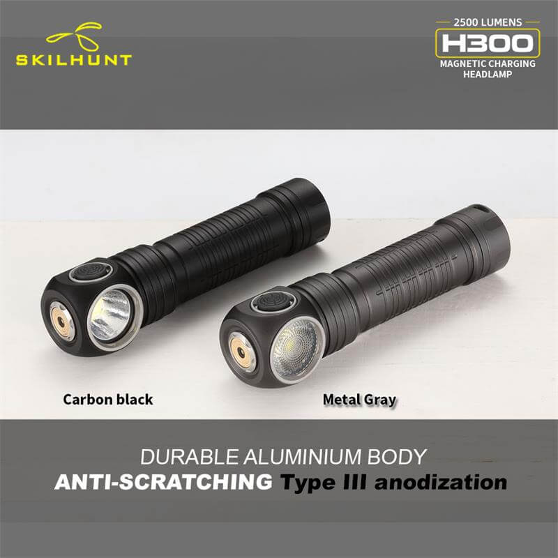 Skilhunt H300 L-shape rechargeable headlamp in black aluminum with comfortable headband and magnetic charging cable — view 5