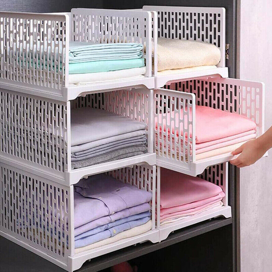 White stackable and foldable plastic closet organizer basket storage shelf for bedroom clothing organization — view 3