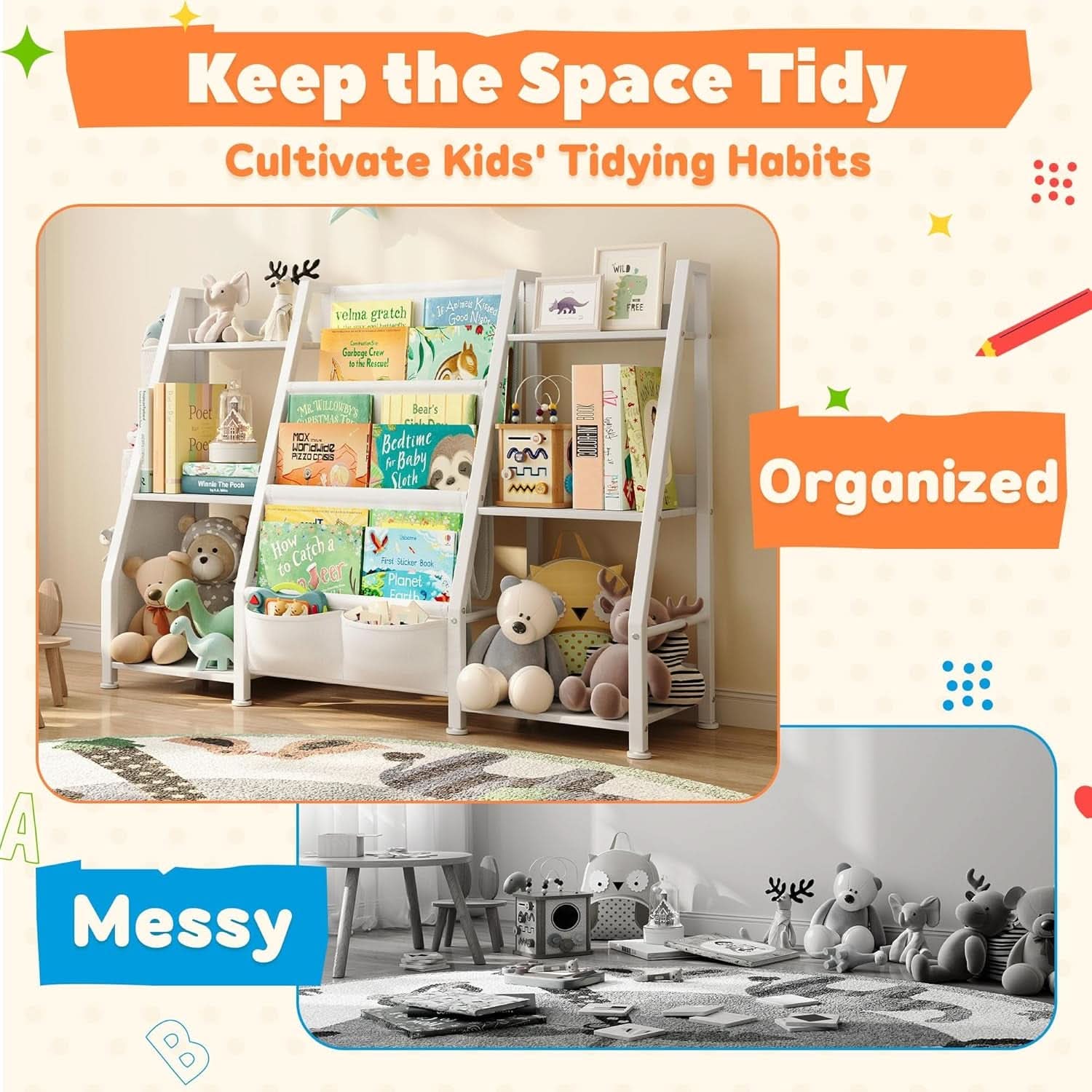 White 3-tier kids bookshelf toy organizer with metal frame, natural wood accents, and fabric pockets — view 4