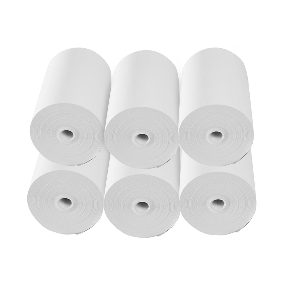 Mini thermal pocket printer with printed labels, smartphone connection, and six blank white paper rolls — view 4