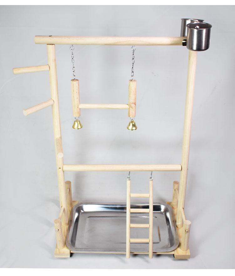 Solid wood parrot playground playstand with swing, climbing ladder, and double-layer food box — view 2