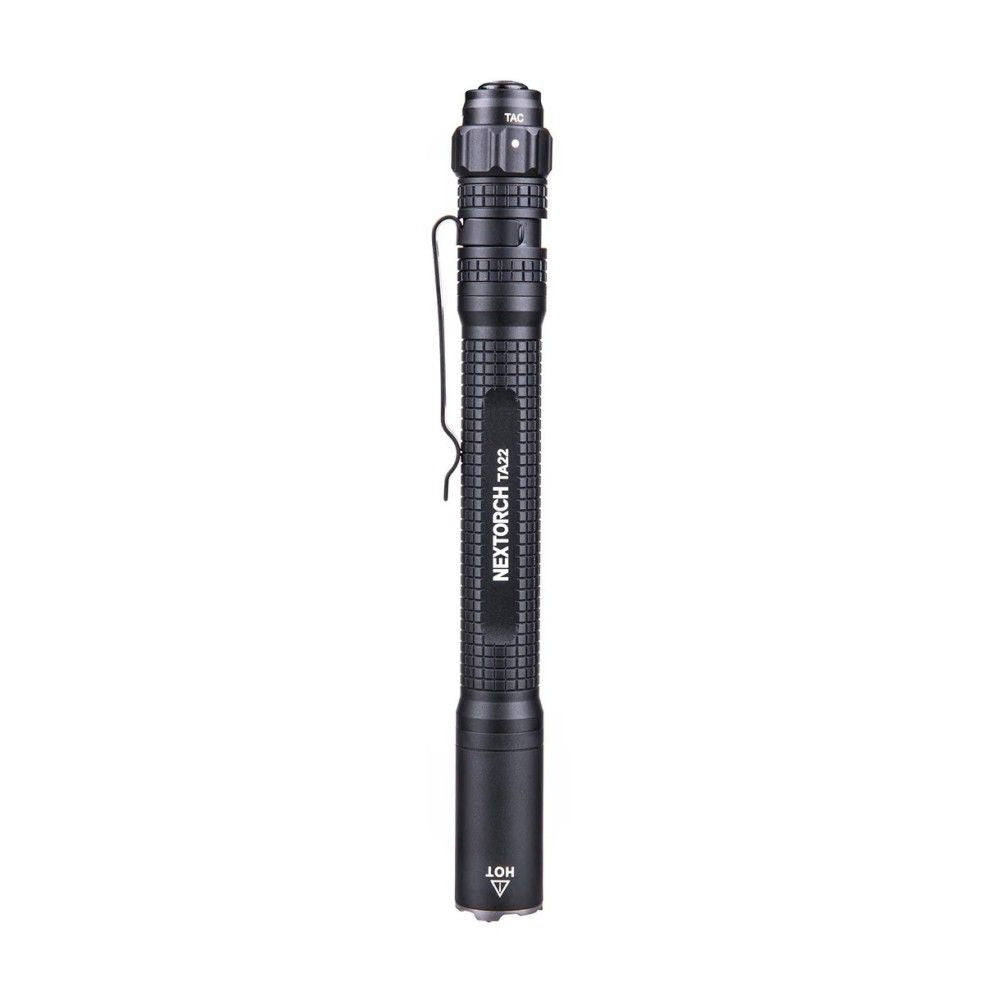 Black NEXTORCH TA22 tactical penlight flashlight with strike bezel and pocket clip — view 5