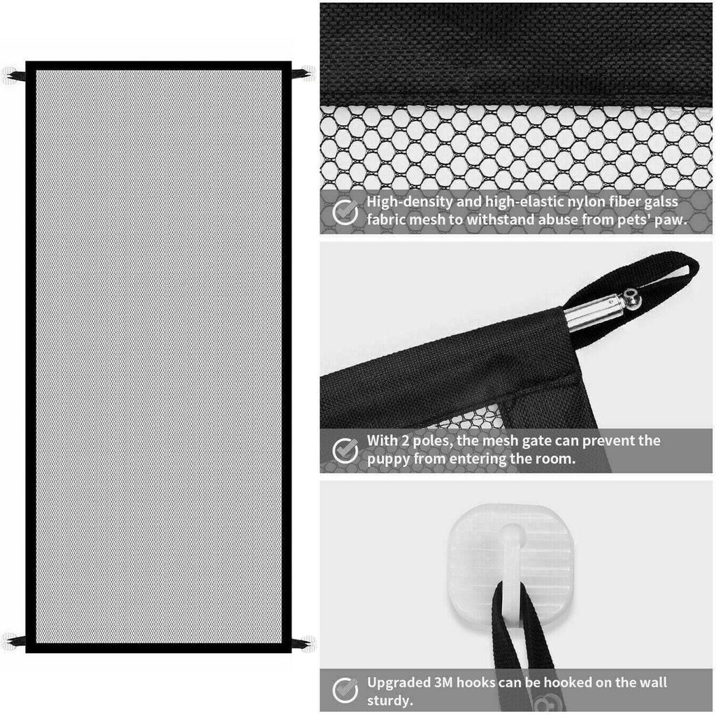 Portable mesh pet gate in black nylon fabric with stainless steel poles installed in a doorway — view 4