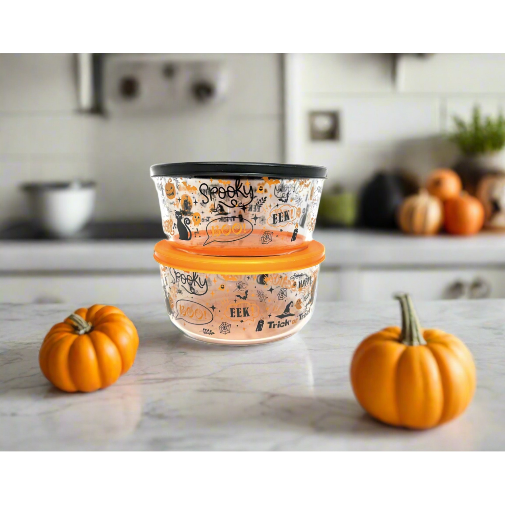 Round 32oz glass food storage containers with airtight lids and festive Halloween themed designs — view 2
