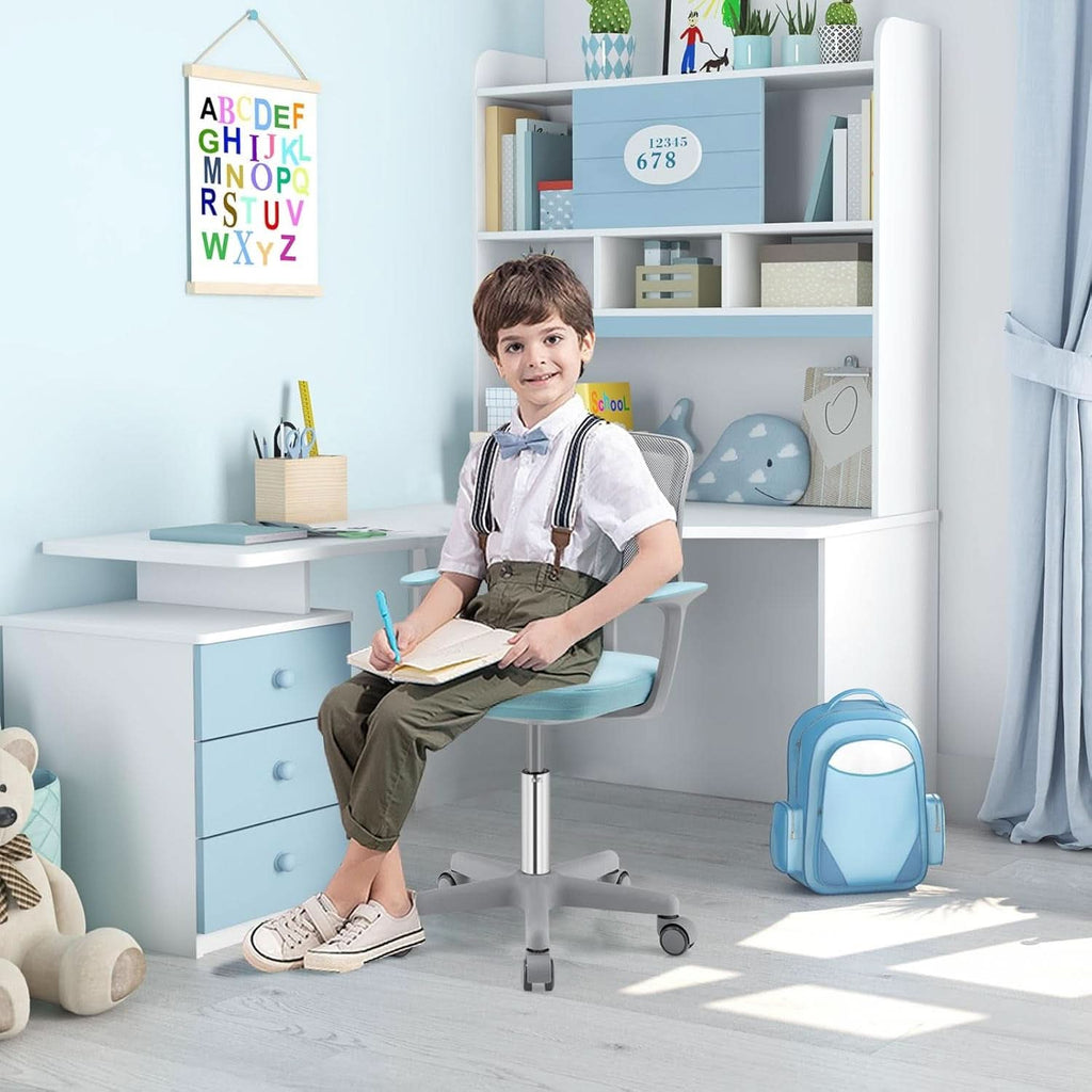 Ergonomic blue kids desk chair with breathable mesh back, adjustable height, and rolling casters — view 2