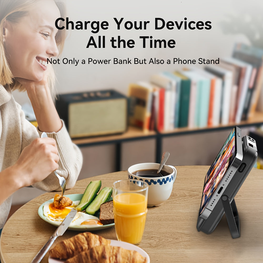 Black 3-in-1 magnetic wireless power bank with built-in stand and digital display for smartphones. — view 2