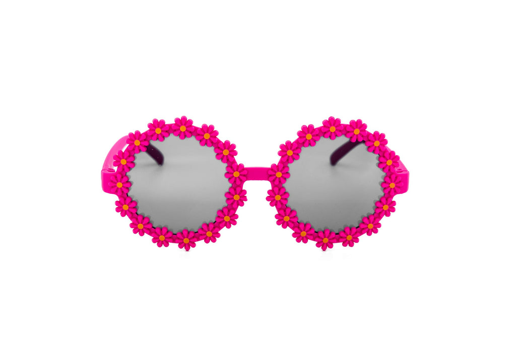 Hot pink kids daisy flower sunglasses with 3D frames and round smoke tinted lenses — view 2