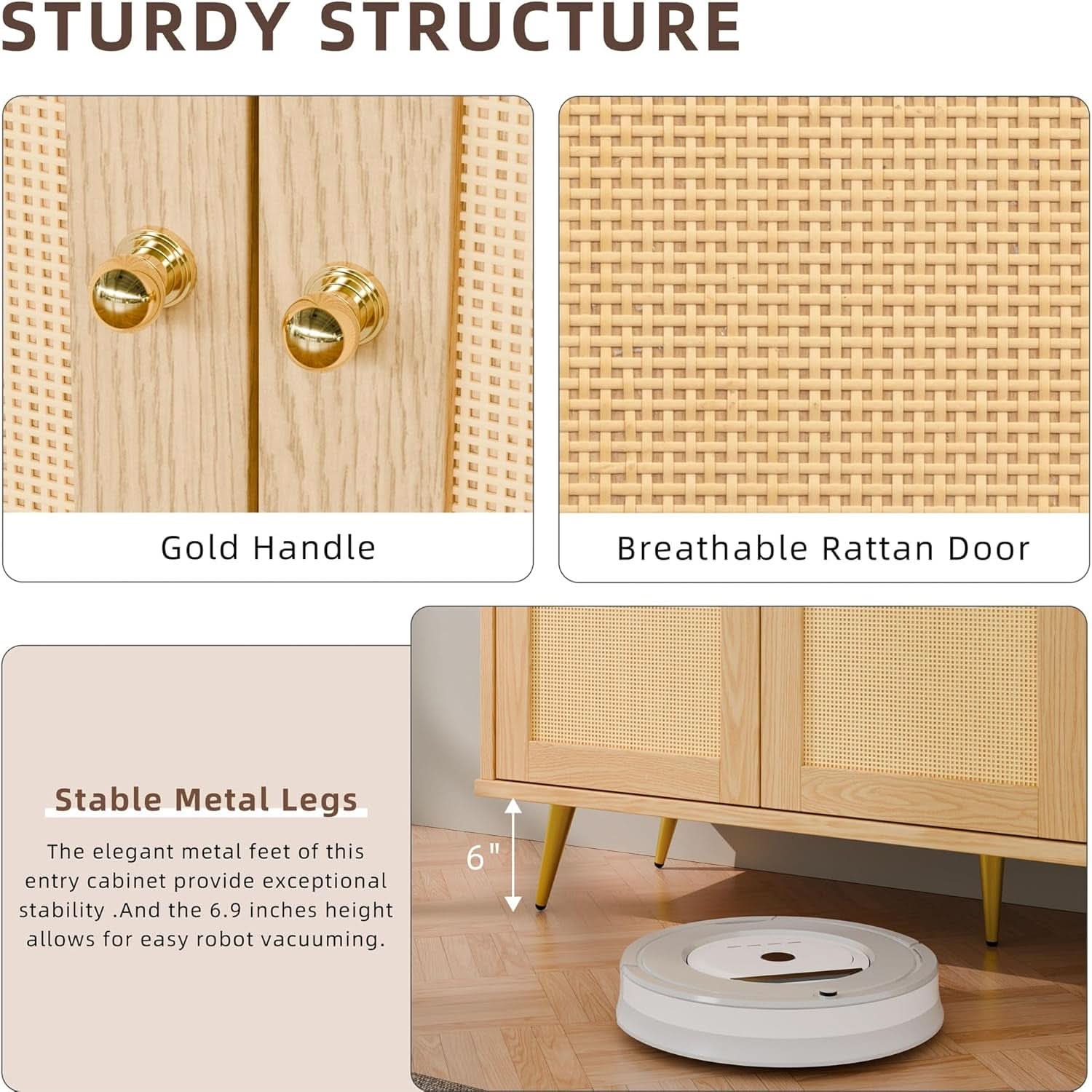 Natural rattan buffet cabinet pair with woven doors, gold handles, and adjustable shelves — view 5