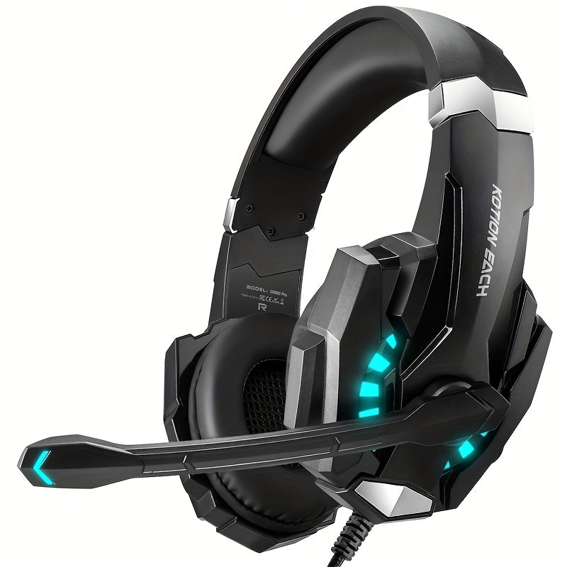 Black wired gaming headset with rotatable condenser microphone adjustable headband and closed back earcups