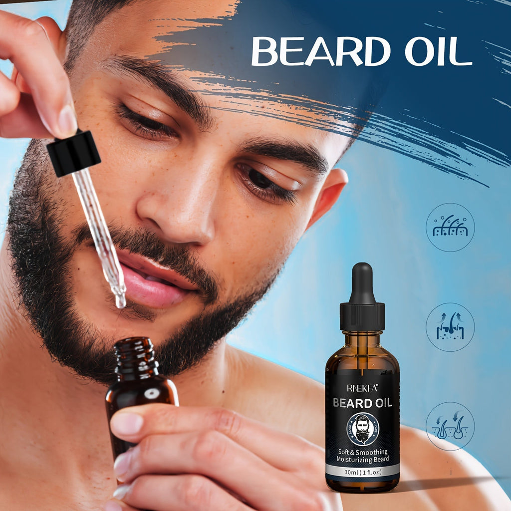 Complete men's beard grooming kit including oil, balm, brush, comb, scissors, and storage travel bag — view 5