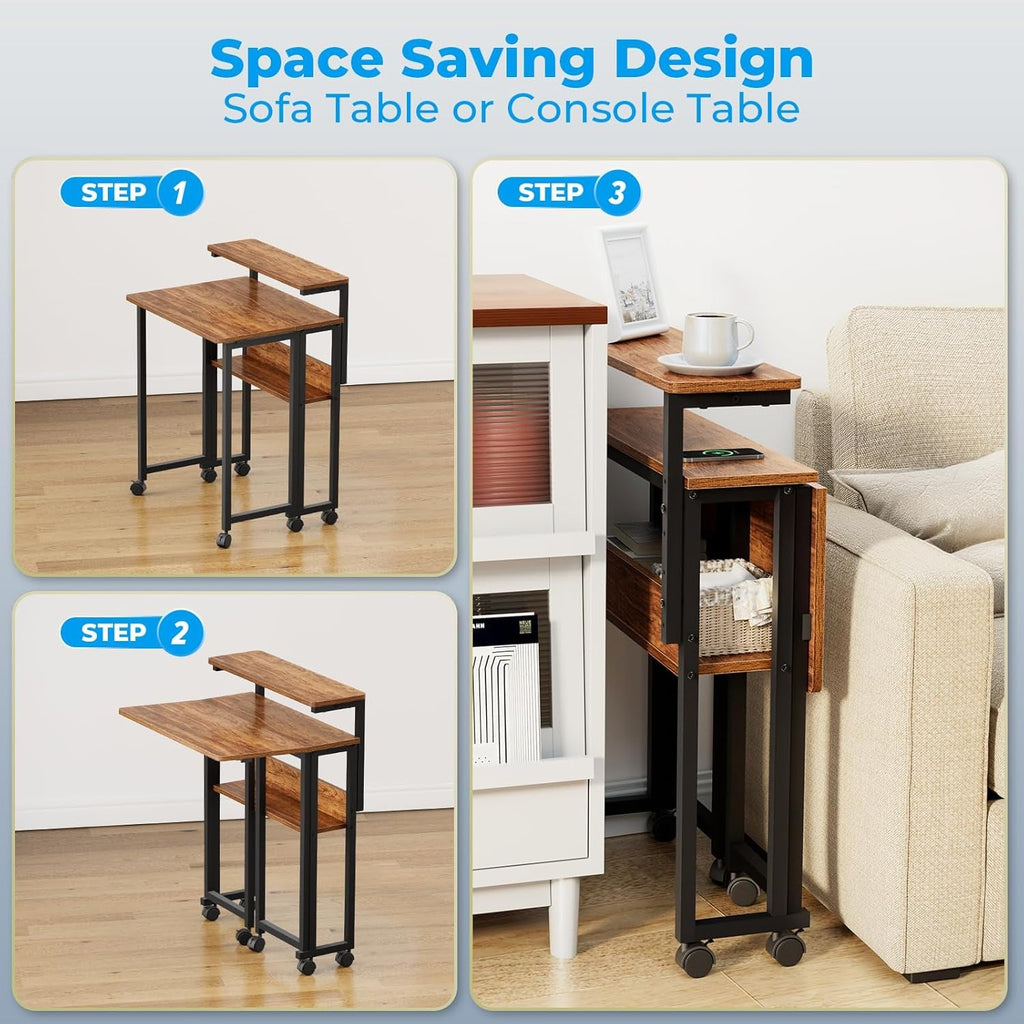 Walnut foldable desk with adjustable monitor stand, storage shelf, and lockable caster wheels. — view 5