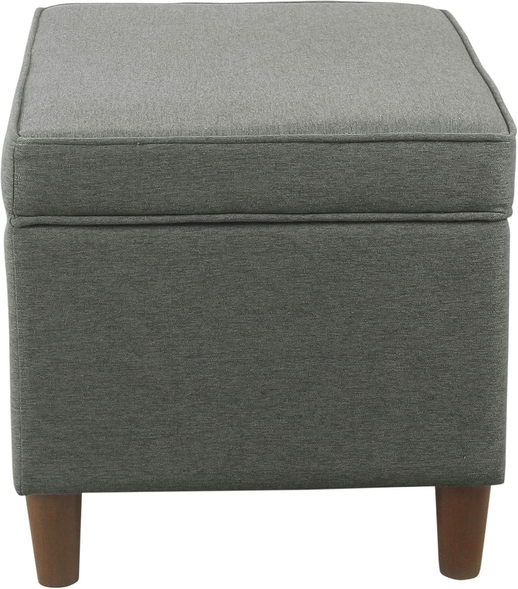 24 inch gray fabric hidden storage ottoman with hinged lid and dark walnut wood legs — view 4
