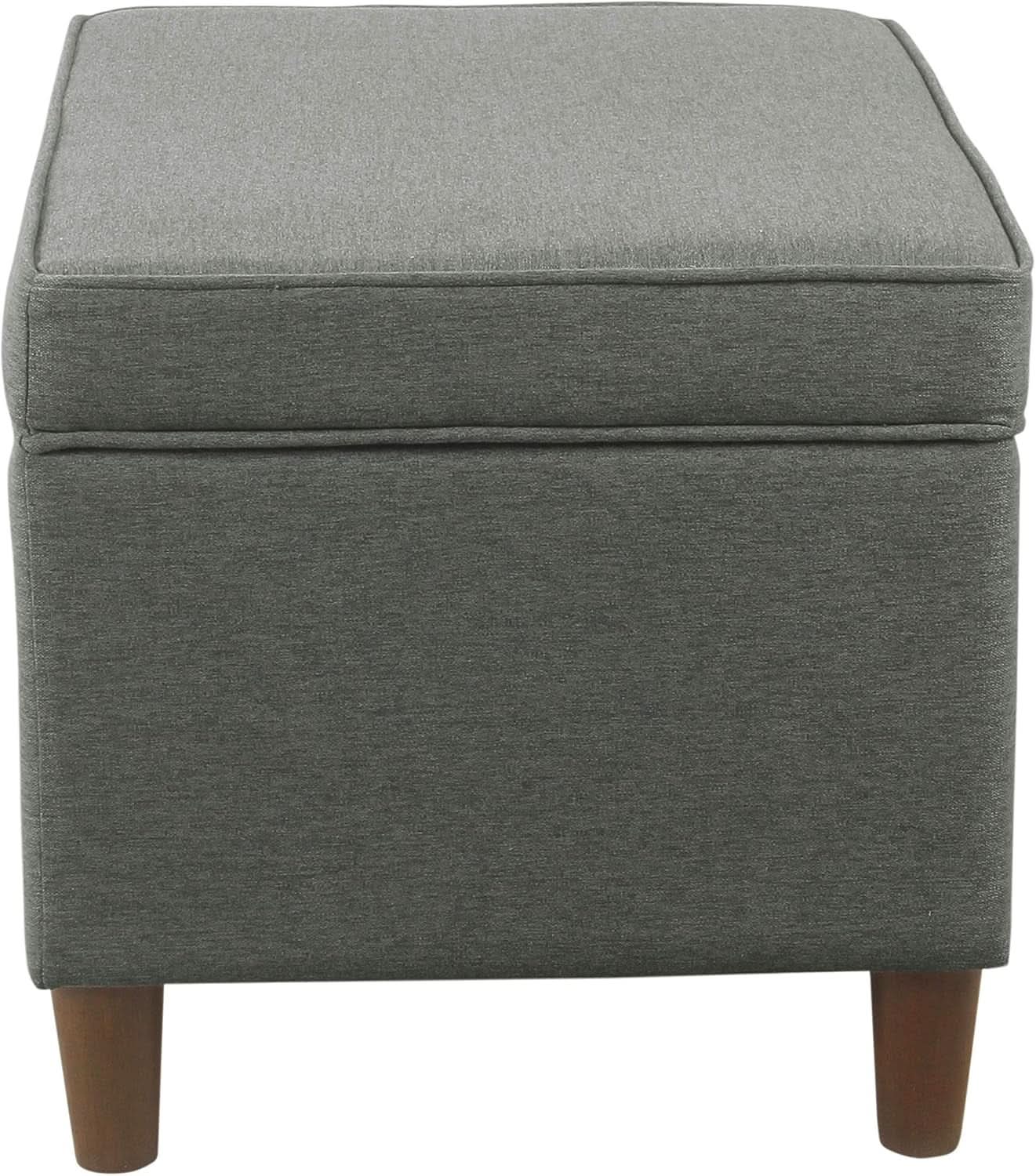 24 inch gray fabric hidden storage ottoman with hinged lid and dark walnut wood legs — view 4