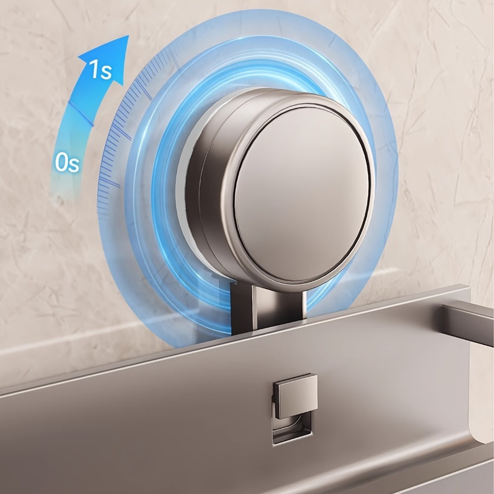 Rustproof wall mounted shower caddy with suction cups and towel hooks holding bathroom products — view 3