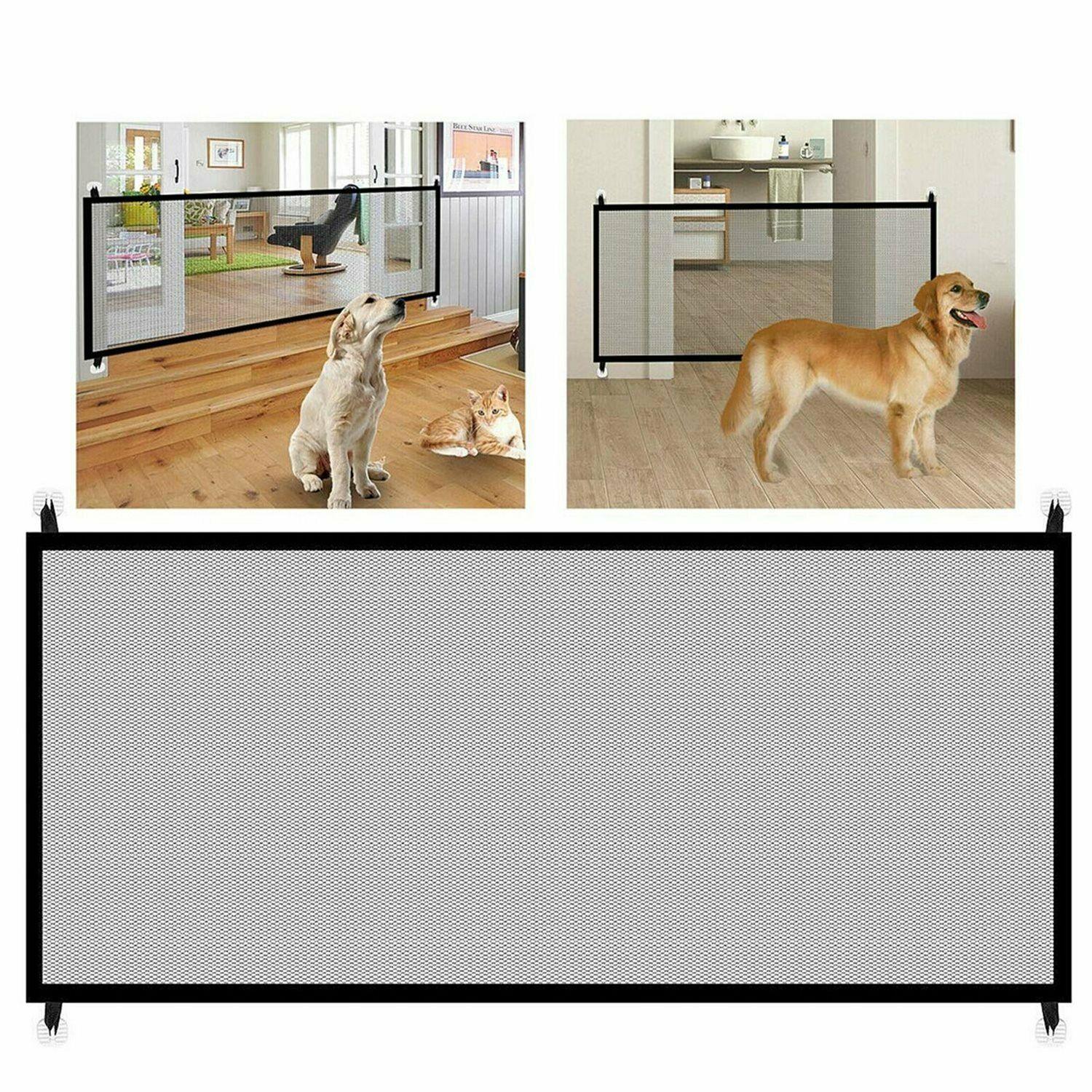 Black portable mesh pet safety gate with nylon barrier installed in home hallway