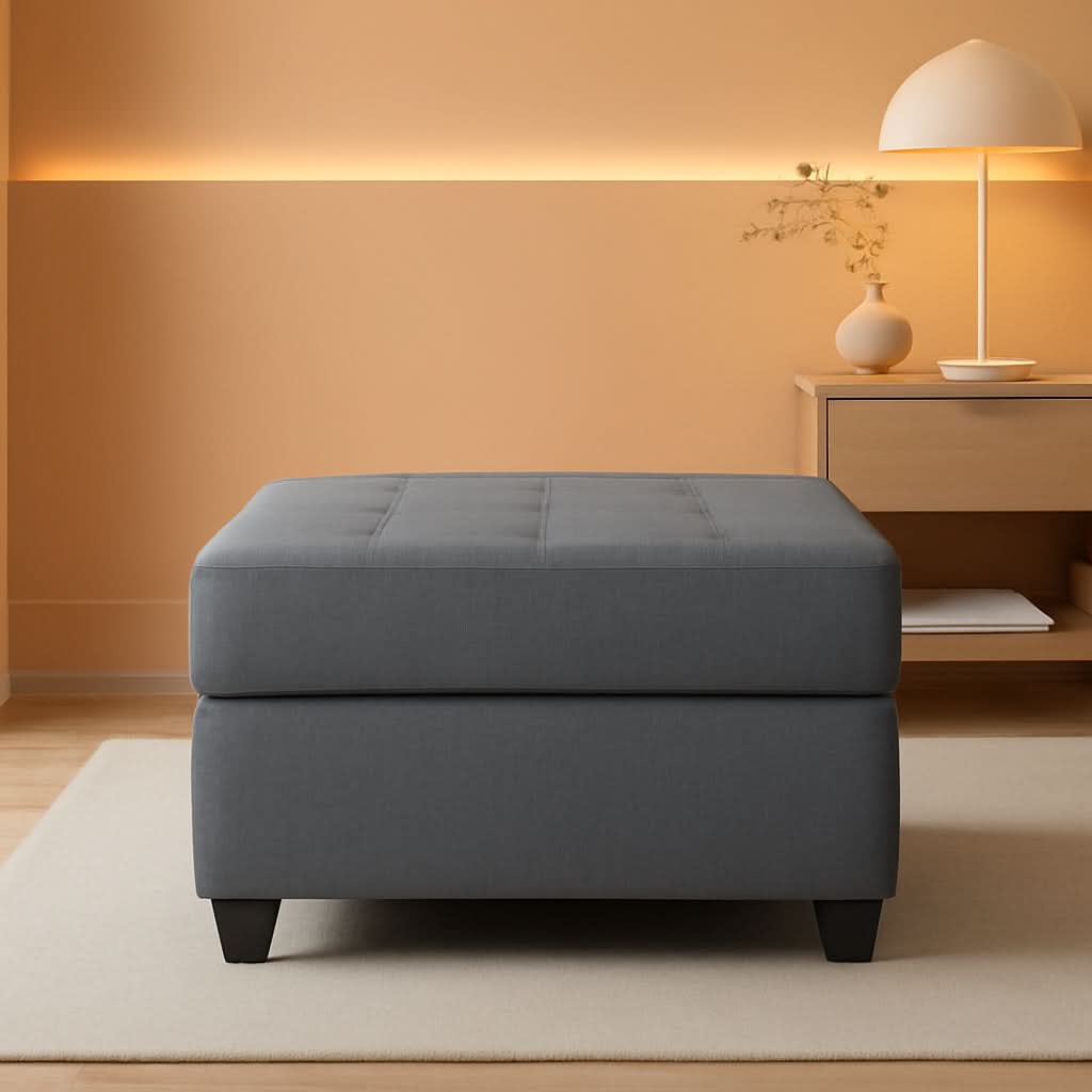 Dark gray microfiber storage ottoman with tufted top and faux wood feet