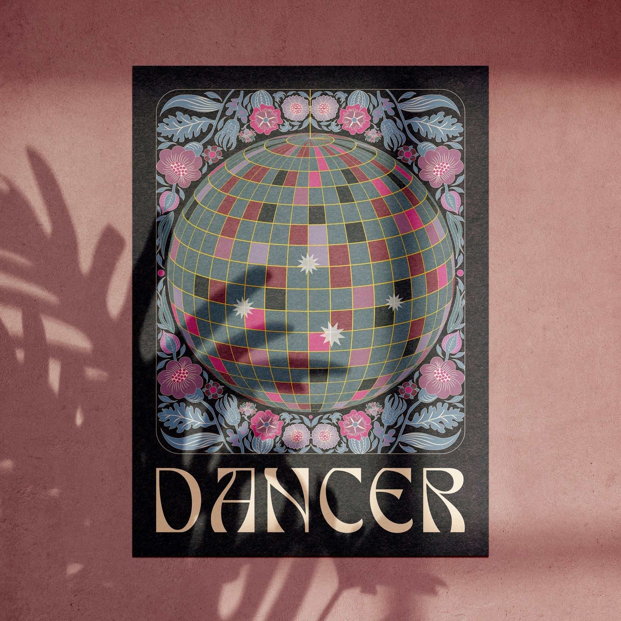 Dancer art print featuring a retro disco ball surrounded by vibrant flowers and elegant typography — view 4