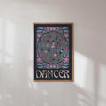 Dancer art print featuring a retro disco ball surrounded by vibrant flowers and elegant typography