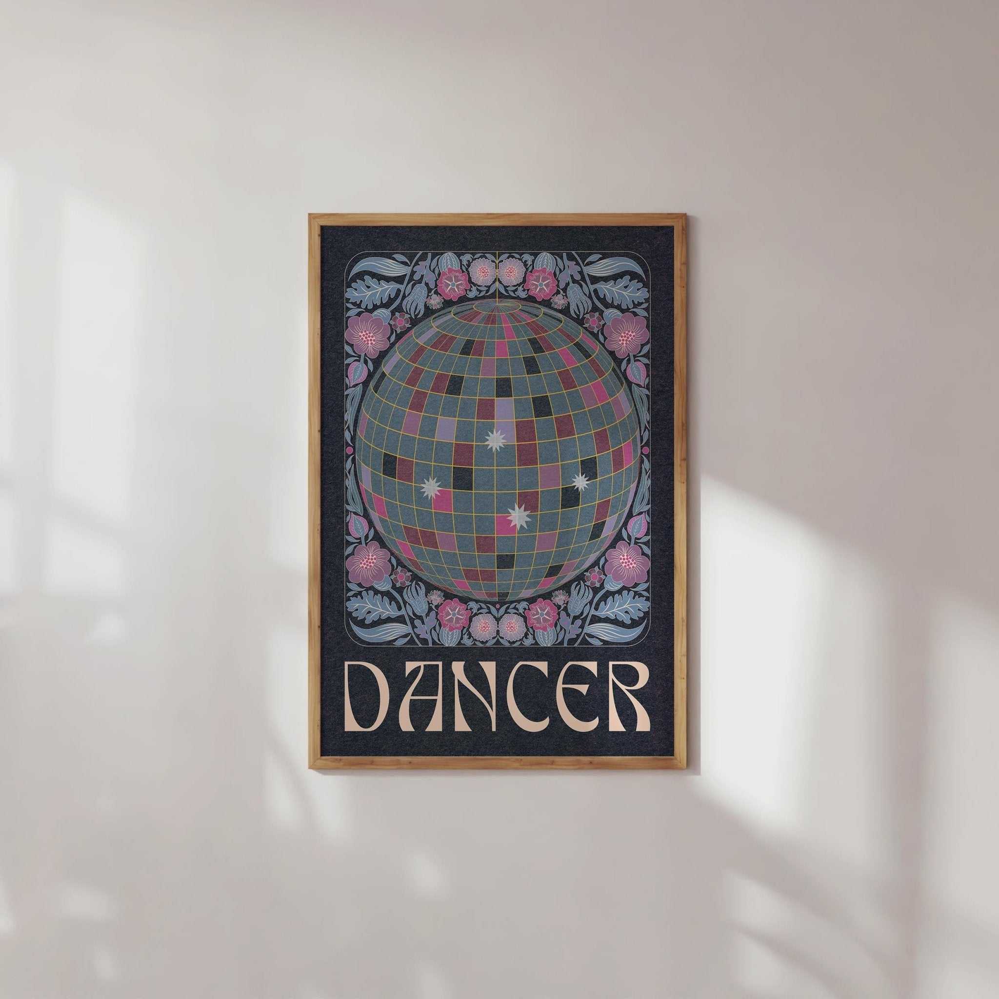 Dancer art print featuring a retro disco ball surrounded by vibrant flowers and elegant typography