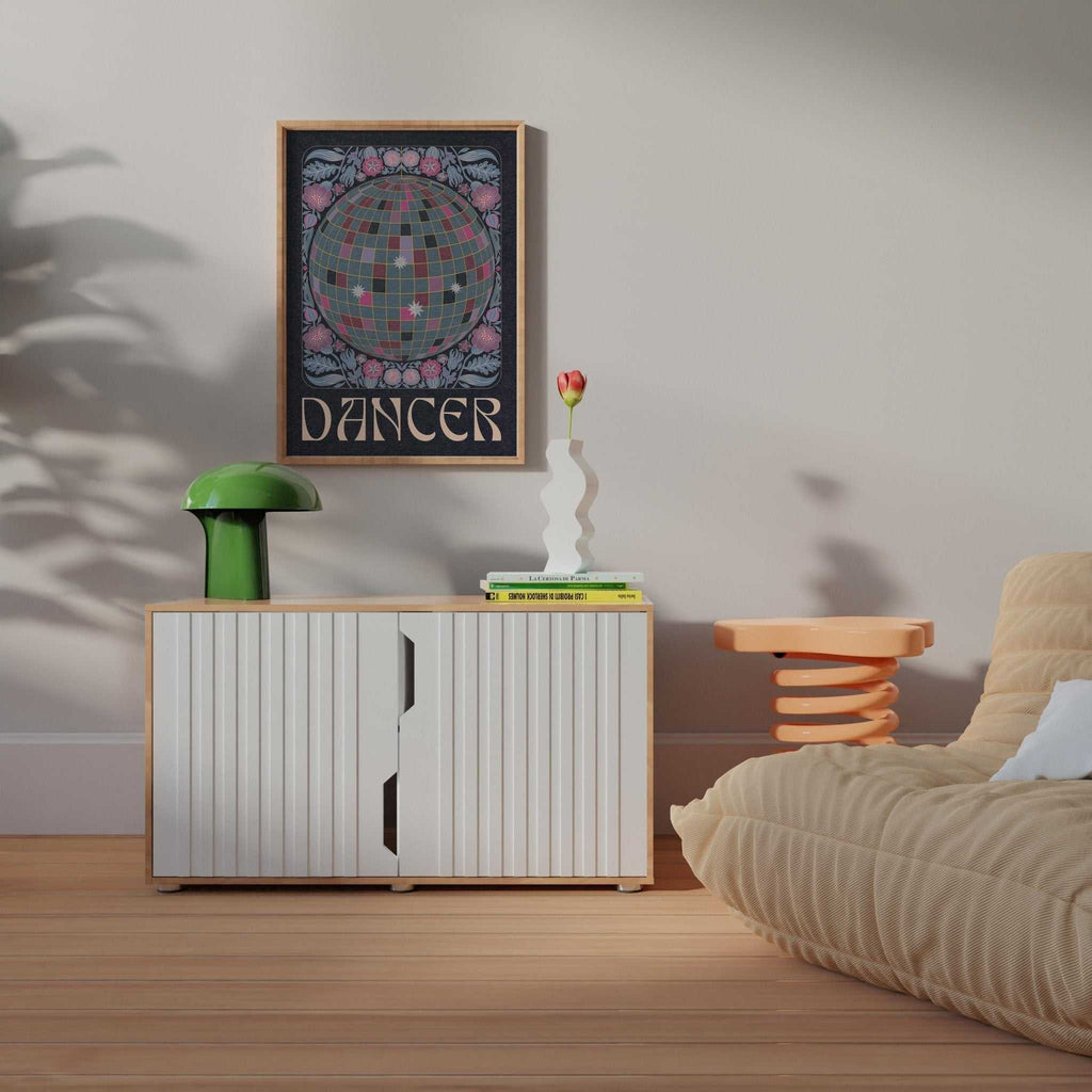Dancer art print featuring a retro disco ball surrounded by vibrant flowers and elegant typography — view 2