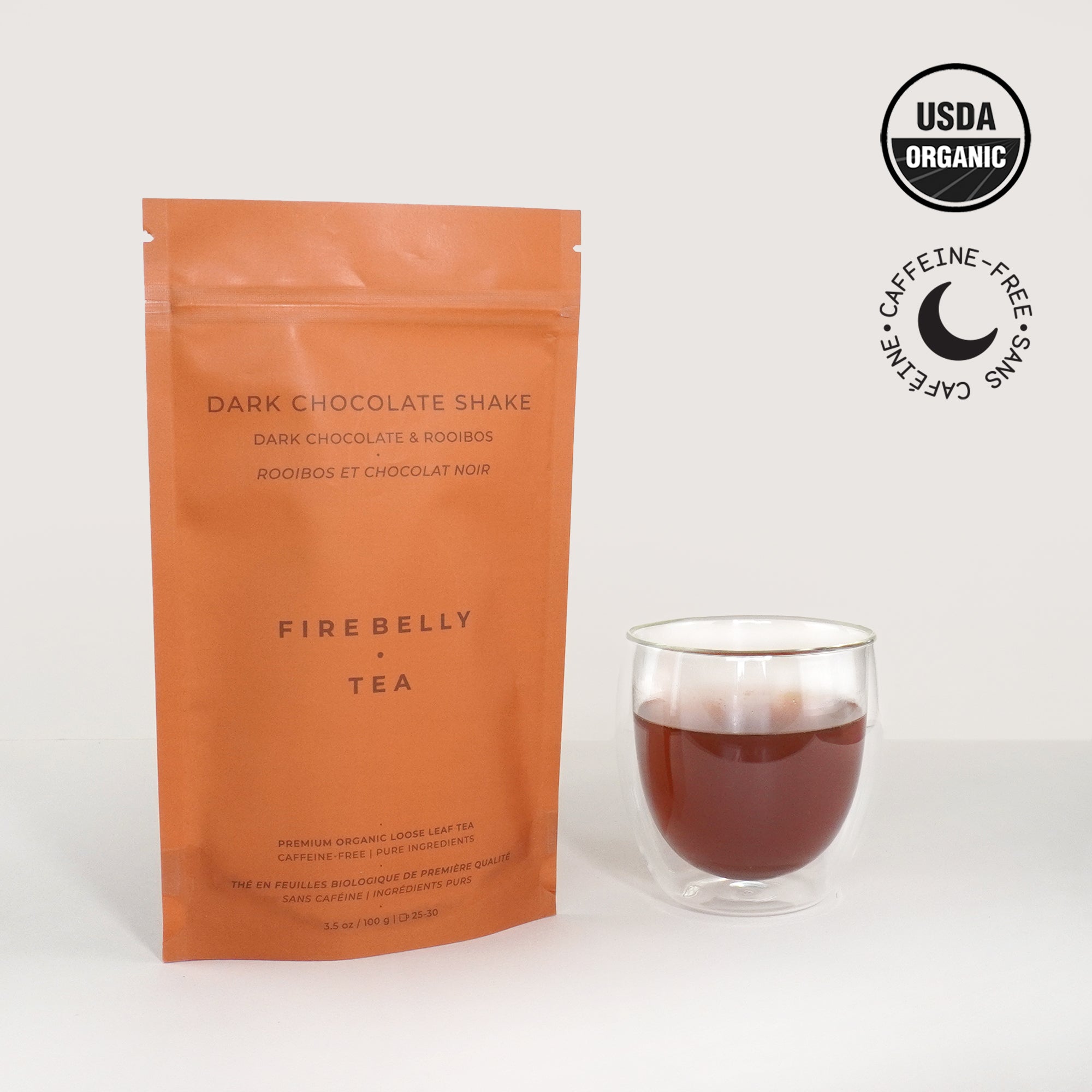 Organic dark chocolate shake herbal tea loose leaf blend featuring rich cacao and natural vanilla