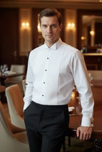 David white wingtip tuxedo shirt with vertical pleats, French cuffs, and pure broadcloth cotton fabric