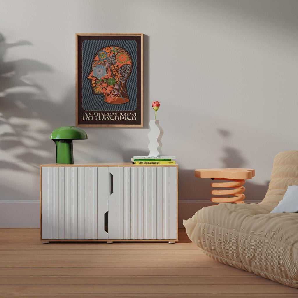 Daydreamer art print featuring a bohemian floral head silhouette and typography on fine art paper