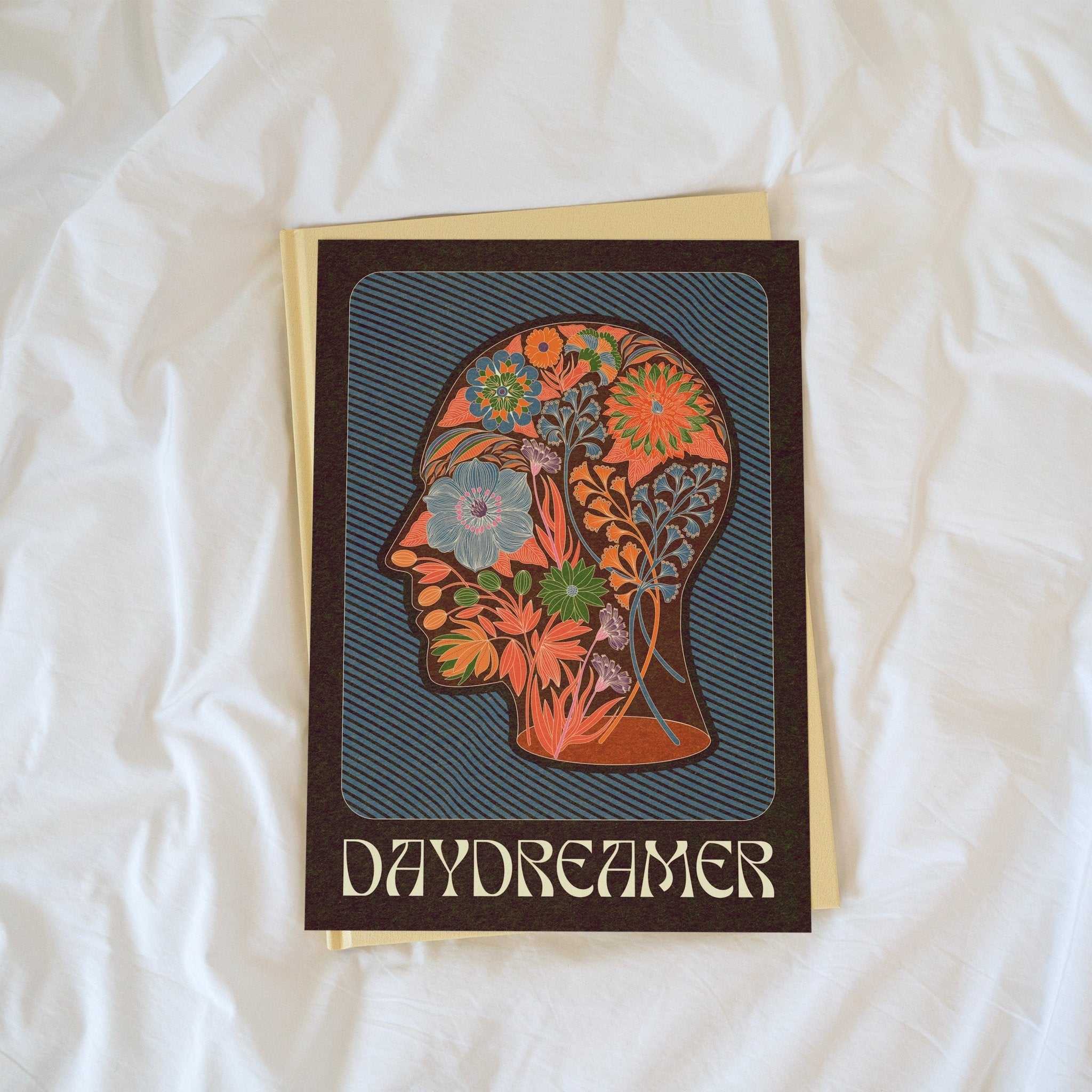 Daydreamer art print featuring a bohemian floral head silhouette and typography on fine art paper — view 3