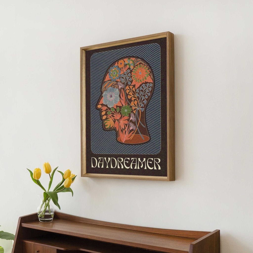 Daydreamer art print featuring a bohemian floral head silhouette and typography on fine art paper — view 5