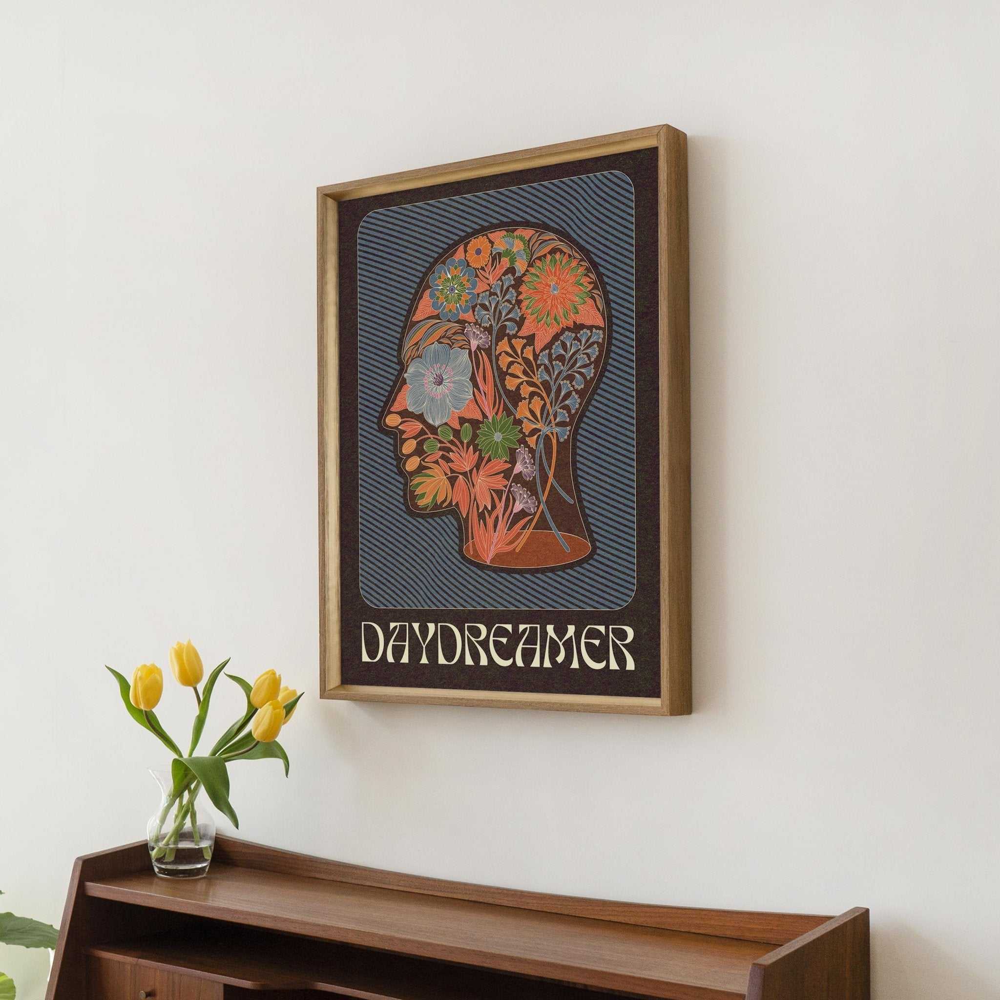 Daydreamer art print featuring a bohemian floral head silhouette and typography on fine art paper — view 5