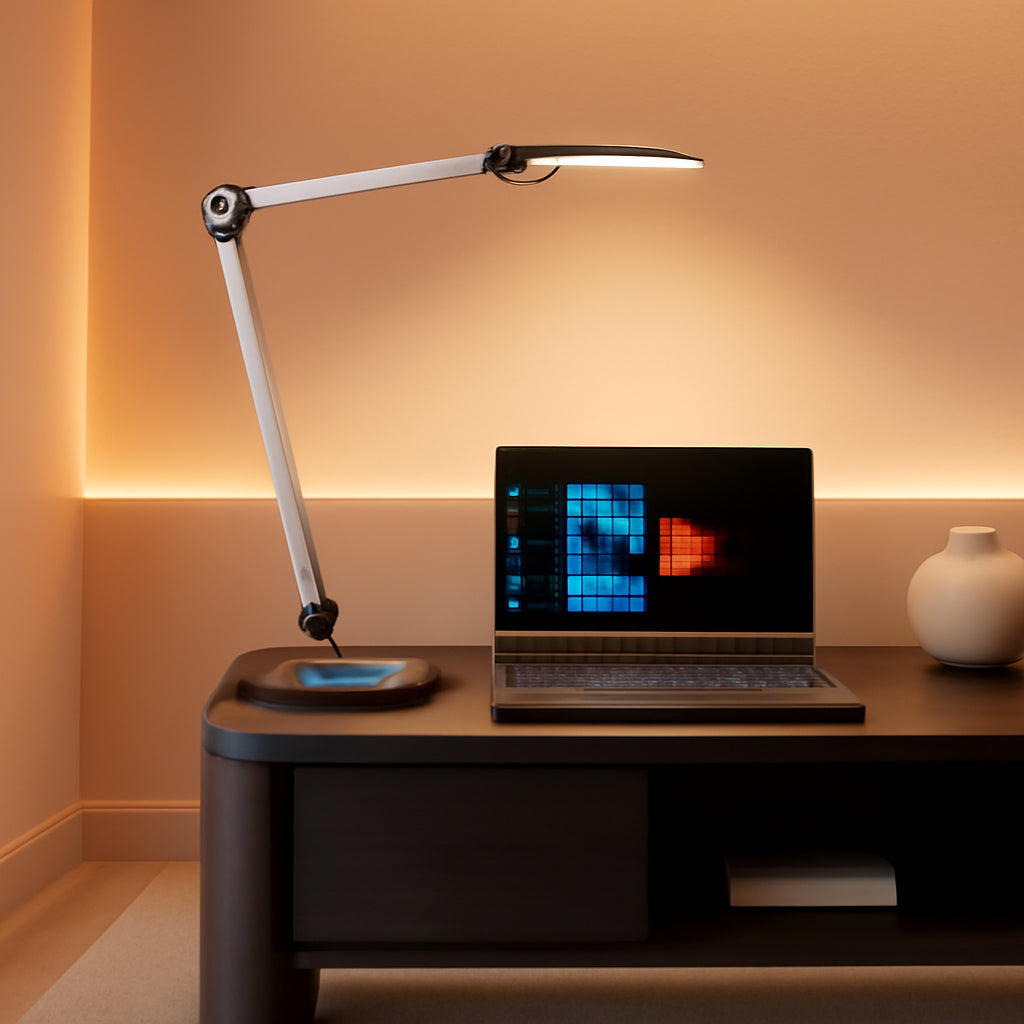 Modern metal LED professional desk lamp with adjustable swing arm and integrated wireless charging base