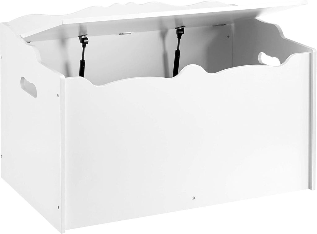 White wooden toy box chest with safety hinge lid for modern playroom and nursery organization — view 2