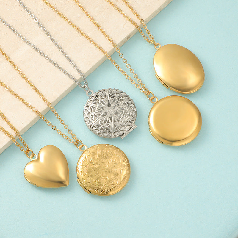 Heart shaped stainless steel mirror necklace with DIY photo frame locket on a neutral background