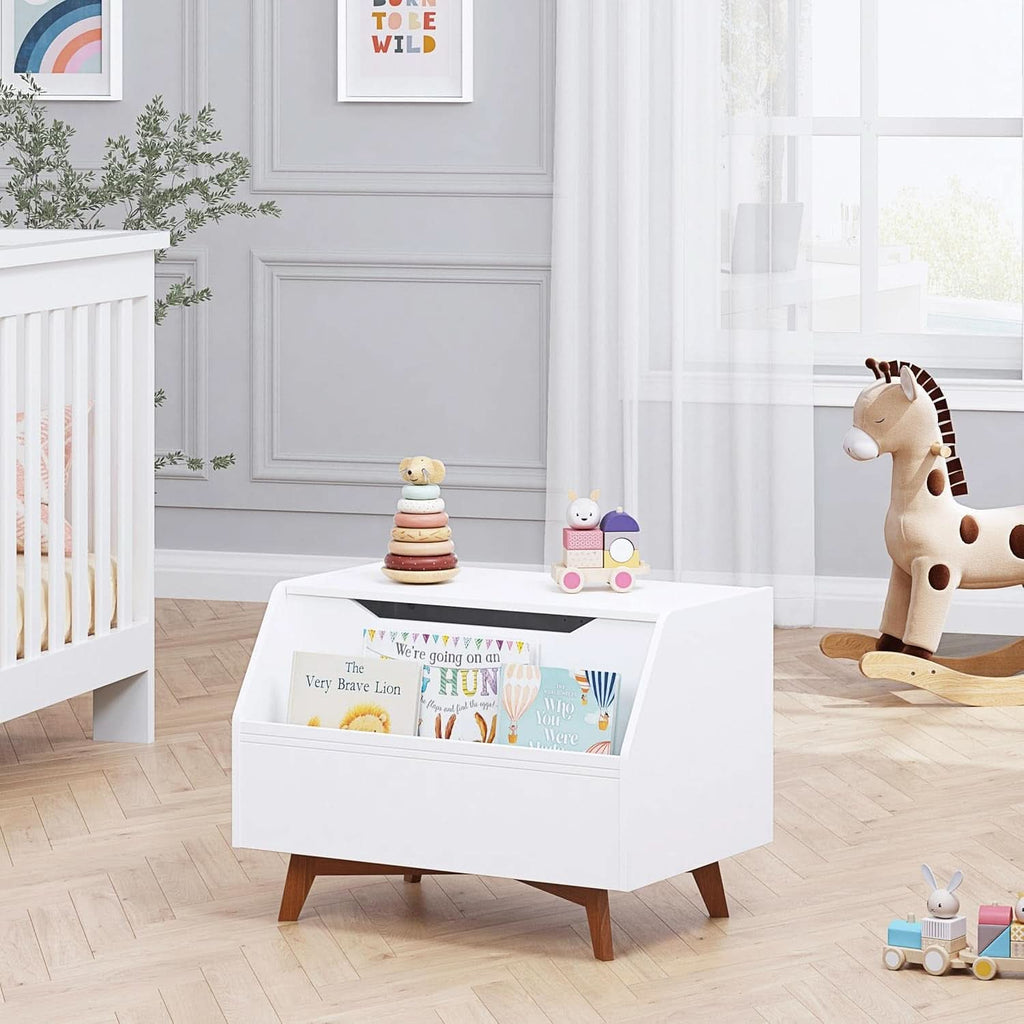 White solid wood toy chest with front-facing book display and slow-closing safety lid. — view 5