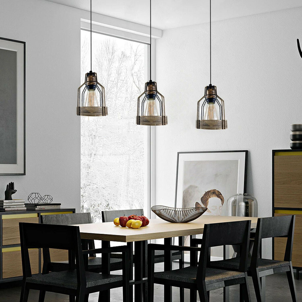 Vintage industrial brushed copper pendant light with a retro birdcage silhouette and hanging cable.