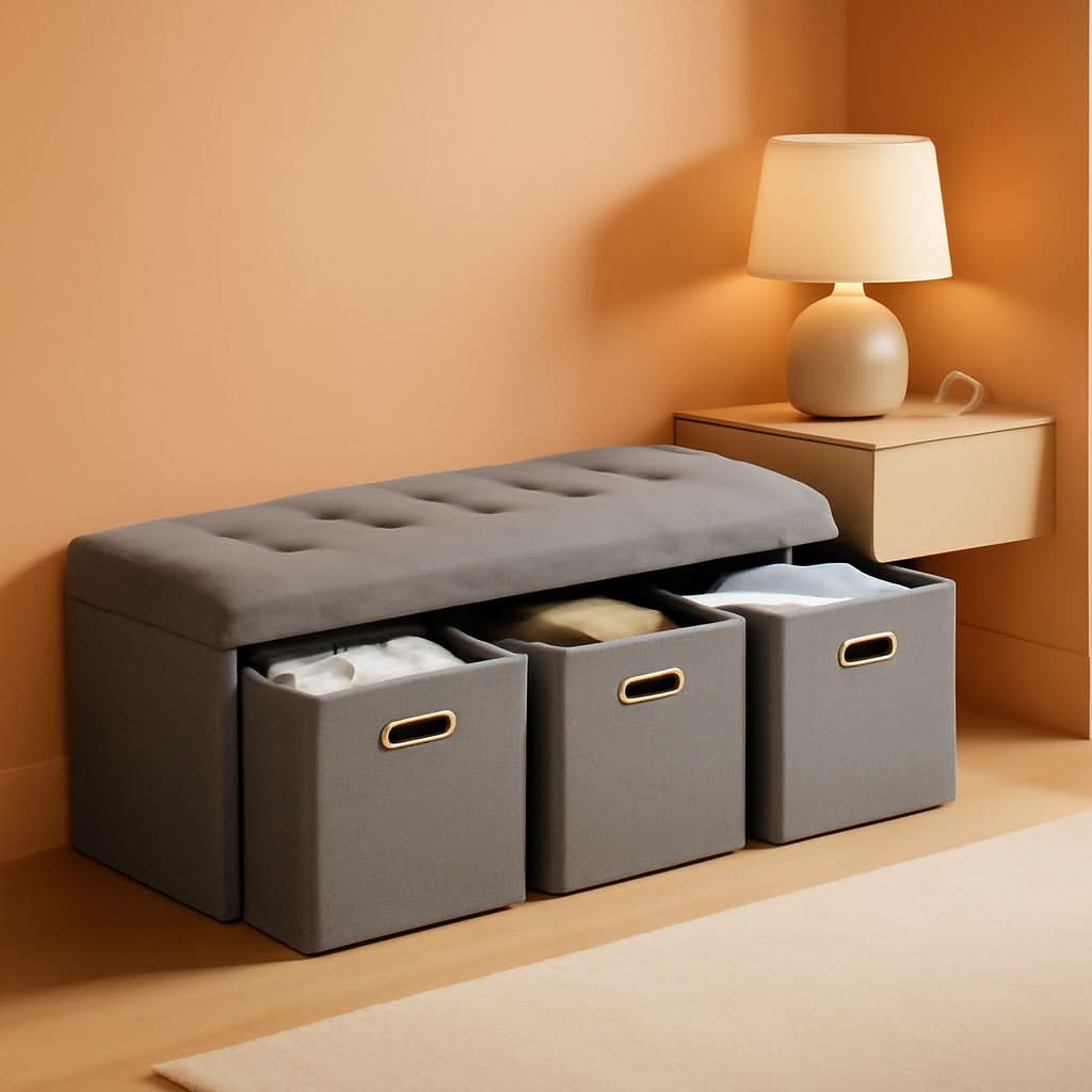 Oversized 40-inch gray linen storage ottoman with three cube drawers and a tufted cushion top