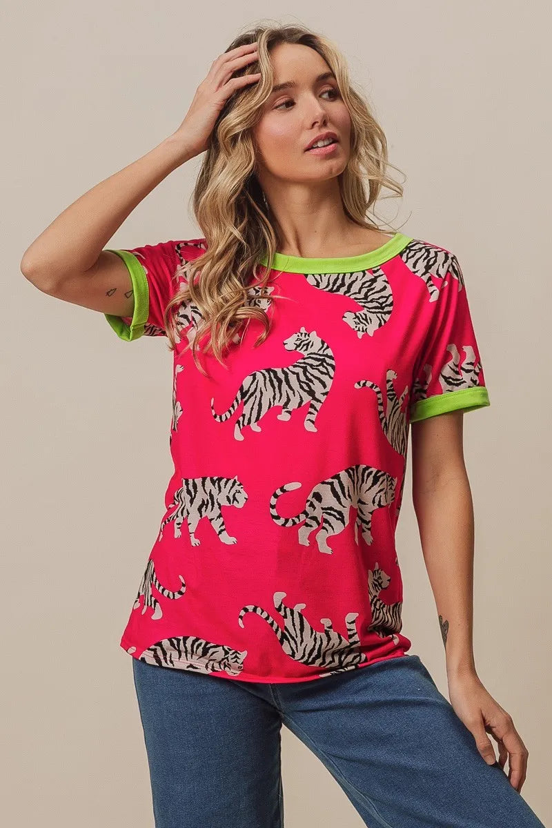 Big Tiger Print Jersey Contrast Ringer Top-5
