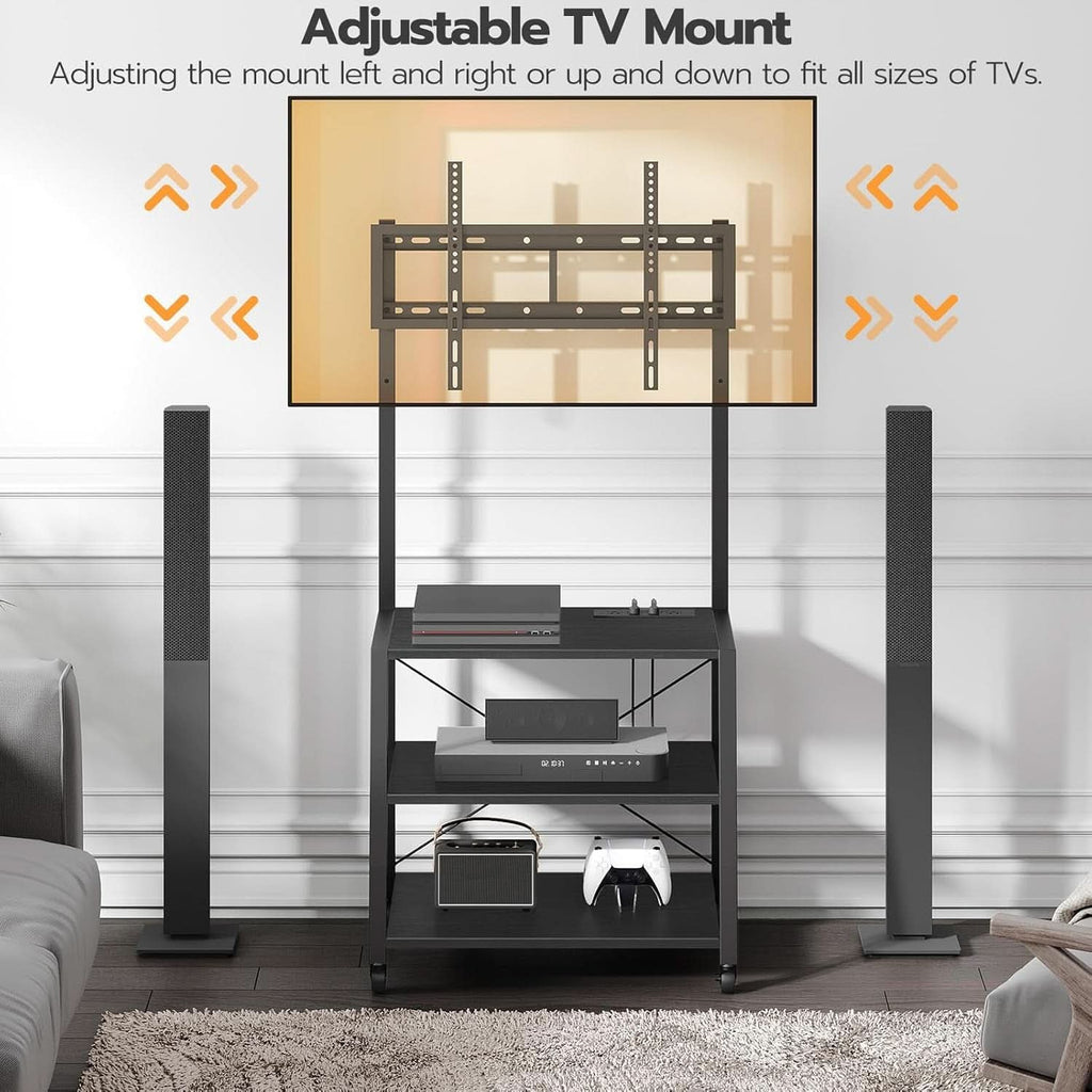 Black rolling TV stand with adjustable mounting rail, three storage shelves, and lockable caster wheels — view 2