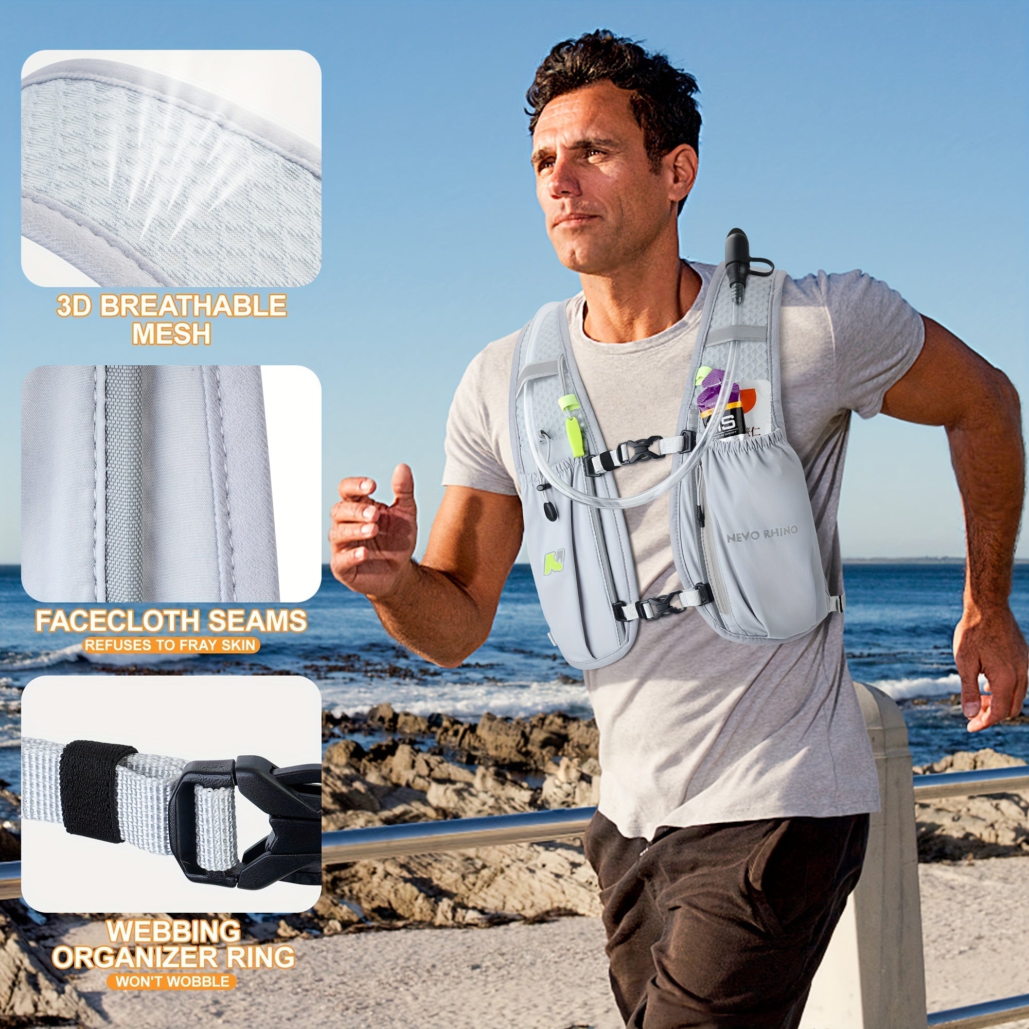 Grey 5.5L running hydration vest with 1.5L water bladder and adjustable universal fit — view 2